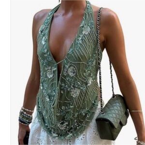 Elegant Blue Embellished Women's Tank Top